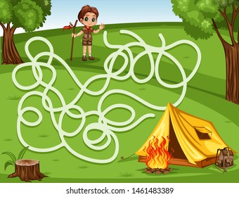 Maze Game Help the Little Boy Scout to Rich the Camping Tent, Backpack and Campfire. Vector Illustration Activity Game for Kids. Labyrinth Vector Cartoon Game