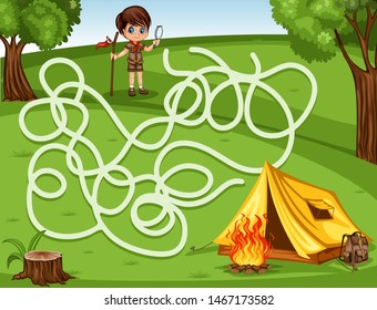 Maze Game Help the Little Boy Scout to Rich the Camping Tent, Backpack and Campfire. Vector Illustration Activity Game for Kids. Labyrinth Vector Cartoon Game
