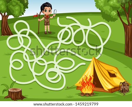 Maze Game Help the Little Boy Scout to Rich the Camping Tent, Backpack and Campfire. Vector Illustration Activity Game for Kids. Labyrinth Vector Cartoon Game