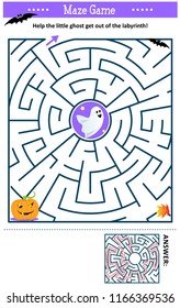 Maze game: Help the little ghost get out of the labyrinth. Answer included. 