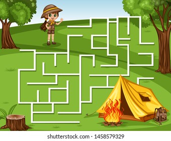 Maze Game Help the Little Girl Scout to Rich the Camping Tent, Backpack and Campfire. Vector Illustration Activity Game for Kids. Labyrinth Vector Cartoon Game
