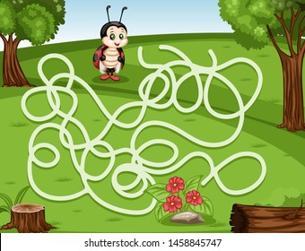 Maze Game Help the Little Ladybug to Rich the Flowers. Vector Illustration Activity Game for Kids. Labyrinth Vector Cartoon Game with Animals
