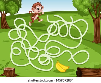 Maze Game Help the Little Monkey to Rich the Bananas. Vector Illustration Activity Game for Kids. Labyrinth Vector Cartoon Game with Animals