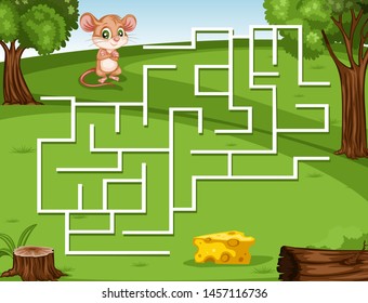 Maze Game Help the Little Mouse to Rich the Cheese. Vector Illustration Activity Game for Kids. Labyrinth Vector Cartoon Game with Animals