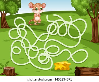 Maze Game Help the Little Mouse to Rich the Cheese. Vector Illustration Activity Game for Kids. Labyrinth Vector Cartoon Game with Animals