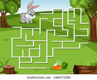 Maze Game Help the Little Rabbit to reach the Carrot. Vector Illustration Activity Game for Kids. Labyrinth Vector Cartoon Game with Animals