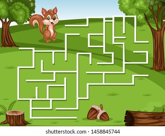 Maze Game Help the Little Squirrel to Rich the Nuts. Vector Illustration Activity Game for Kids. Labyrinth Vector Cartoon Game with Animals