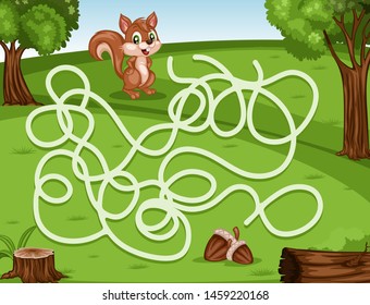 Maze Game Help the Little Squirrel to Rich the Nuts. Vector Illustration Activity Game for Kids. Labyrinth Vector Cartoon Game with Animals