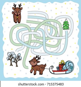 Maze game help me find the way of the reindeer to the sleigh with reindeer