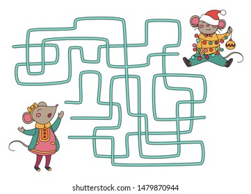 Maze game. Help mouse find path to friend. Vector illustration for kids. Kids learning games collection. Labyrinth for children page