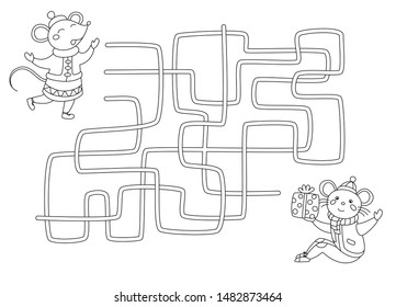 Maze game. Help mouse find path to friend. Vector illustration for kids. Collection labyrinth page for children. Black and white coloring book