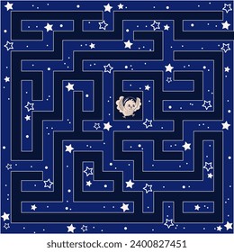 Maze game. Help the owl astronaut find a way out of the space labyrinth. Children's educational games. Vector illustration for activity book.