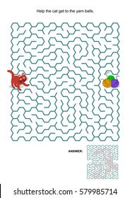 Maze game: Help the playful cat get to the yarn balls. Answers included. 
