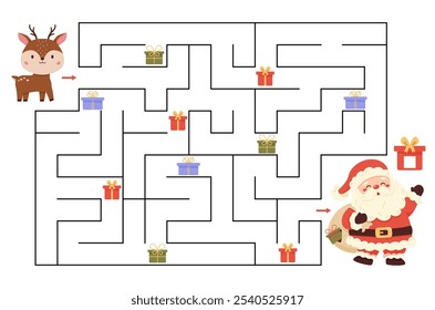 Maze game. Help the reindeer collect all the lost Christmas gifts. Count and write them down. Santa Claus's bag of gifts has torn. Labyrinth. Educational puzzle template. Vector illustration.