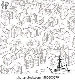 Maze Game: Help for Sailors Find the Ship in the Bay. Cartoon Small Tow. Hand Drawn Vector Illustration