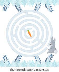 Maze game for homeschooling kids. Circular maze puzzle task. Winter leisure riddle shape, search right path. Vector preschool children education labyrinth. Ready to print worksheet