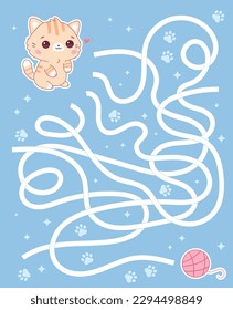 Maze game with kawaii cat and ball of yarn. Labyrinth with kitten. Educational activity worksheet. Printable sheet. Vector illustration.