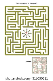 Maze game for kids or adults: Can you get out of the maze? Answers included. 
