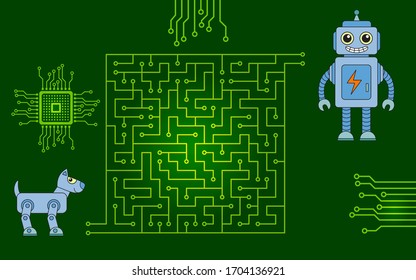 Maze game for kids and adults. Help to robot-dog get to his friend robot. 