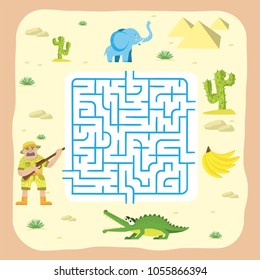 Maze game kids brain training education riddle puzzle with animals way tangled road printable background vector illustration.