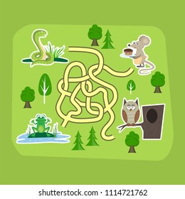 Maze game kids brain training education riddle puzzle with animals way tangled road printable background vector illustration.