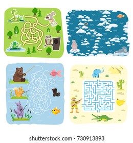 Maze game kids brain training education riddle puzzle with animals way tangled road printable background vector illustration.