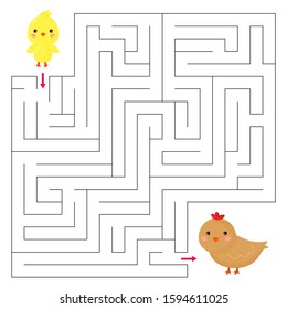 Maze game for kids. Cute animals of farm. Help the chick find right way to his mom. Kawaii cartoon vector characters.