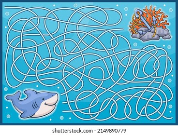 Maze game for kids with cute cartoon shark. Labyrinth with road to treasure of pirate anchor. Children puzzle worksheet and activity page. Sea underwater vector illustration.