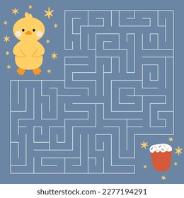 Maze game for kids. Cute chickens, ducklings looking for a way to the easter cake. Kawaii easter. Printable worksheet.