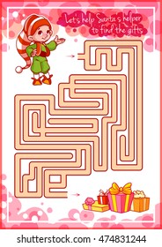 Maze game for kids with cute elf and gifts. Let's help this Santa's little helper to find the gifts. Worksheet for class or at home with the kids.