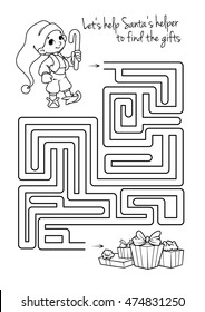 Maze game for kids with cute elf and gifts. Let's help this Santa's little helper to find the gifts. Worksheet for class or at home with the kids.