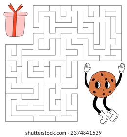 Maze game for kids. Cute groovy cookie with pieces of chocolate looking for a way to the gift box. Thanksgiving day, autumn vibe, christmas. Printable worksheet with solution for school and preschool.