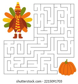 Maze Game For Kids. Cute Pilgrim Turkey Looking For A Way To The Pumpkin. Bird Animal Character In A Hat, A Scarf And Ugg. Printable Worksheet.