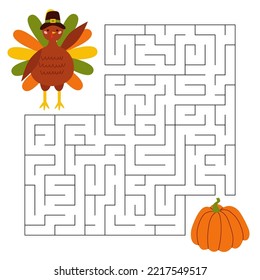 Maze game for kids. Cute pilgrim turkey looking for a way to the pumpkin. Bird animal character wearing a pilgrims hat. Printable worksheet. Vector cartoon illustration for thanksgiving day.