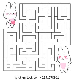 Maze game for kids. Cute rabbit with heart looking for a way to the lover. Bunny is a symbol of the year 2023. Printable worksheet.