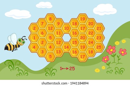 Maze-Spiel für Kinder, die das Zählen lernen. Hilf der Biene, zu den Blumen zu kommen! Finden Sie den Weg von 1 bis 25. 