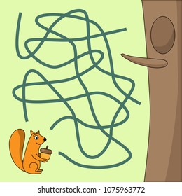 Maze game for kids, education game for preschool children. Help the squirrel to find way to the hollow.