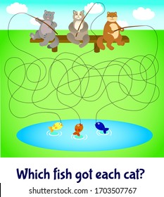 Maze game for kids. Educational developing activity page. Cute fishing cats. Printable worksheet. Fishing cats. 