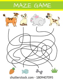 Maze game for kids, educational developing activity for children. Printable worksheet. Feed the animals with their favourite food. Vector stock illustration