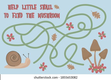 Maze game for kids. Educational  developing game for children. Help snail find the mushroom labyrinth. Printable vector illustration for preschool, kindergarten. Forest element snail, flowers, oak