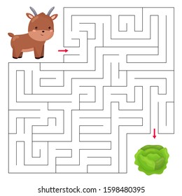 Maze game for kids. Farm animals. Kawaii cartoon character. Help the goat find right way to a cabbage.