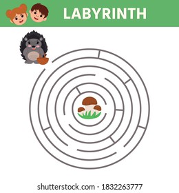 Maze. Game for kids. Find the right path from Hedgehog to mushroom.  Preschool worksheet activity. Children funny riddle entertainment with cute hedgehog. Vector Illustration