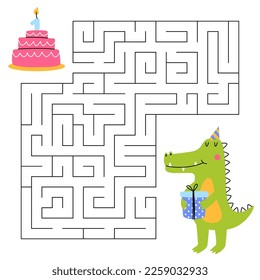 Maze game for kids. Fun crocodile looking for a way to the cake. Cute animal with cake. Printable worksheet.