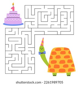 Maze game for kids. Fun turtle looking for a way to the cake. Cute animal. Printable worksheet.