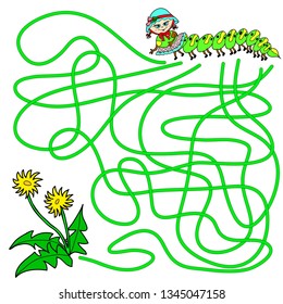 Maze game for kids. Funny caterpillar and dandelions.
Hand drawn. Color vector illustration.