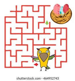 Maze game for kids geometric shape. Cartoon bird character