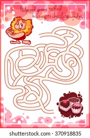 Maze game for kids with gnome and candies. Help red gnome to find his way to chocolate candies. Vector cartoon template page with game.