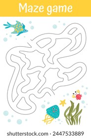 Maze game for kids. Go through maze to reach the goal. Printable worksheets, activities for children. Logical games for preschool, kindergarten learning, homeschooling. Cute fish, see world.