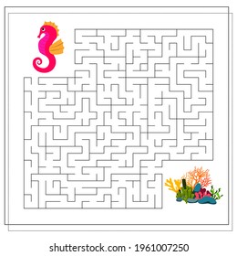 A maze game for kids. Guide the cartoon sea conic through the maze to the corals. Vector