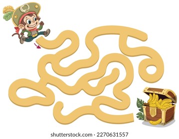 Maze game for kids to guide pirate monkey to treasure chest full of bananas. Vector illustration.